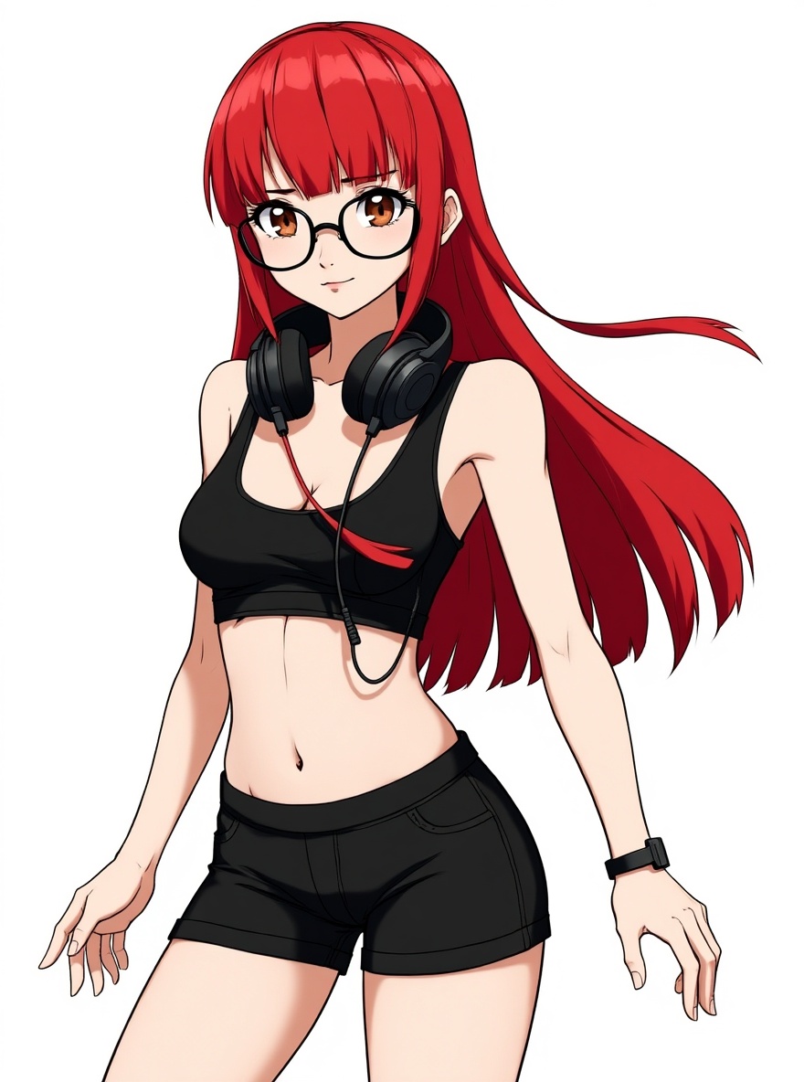 1girl, teenager, slim, red_hair, straight_hair, long_hair, brown_eyes, fair_skin, glasses, headphones_around_neck, black_top, black_shorts, single character, full body, looking at viewer, anime style, simple background, white background