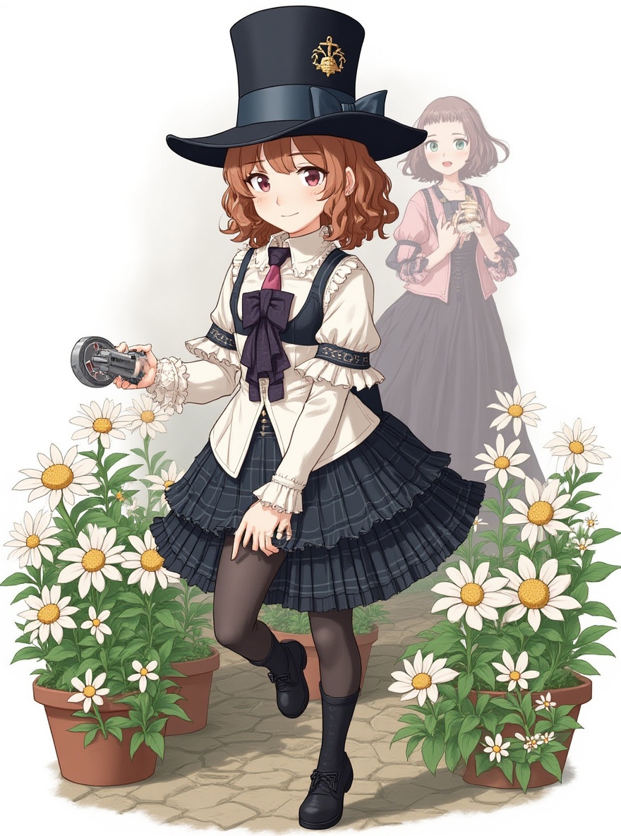 1girl, chin-length light brown hair, brown eyes, fair skin, average build, shy expression, rich student attire, phantom thief noir outfit, cavalier hat, ruffled blouse, corset, holding grenade launcher, persona milady in background, gardening elements, single character, full body, looking at viewer, realistic, simple background, white background