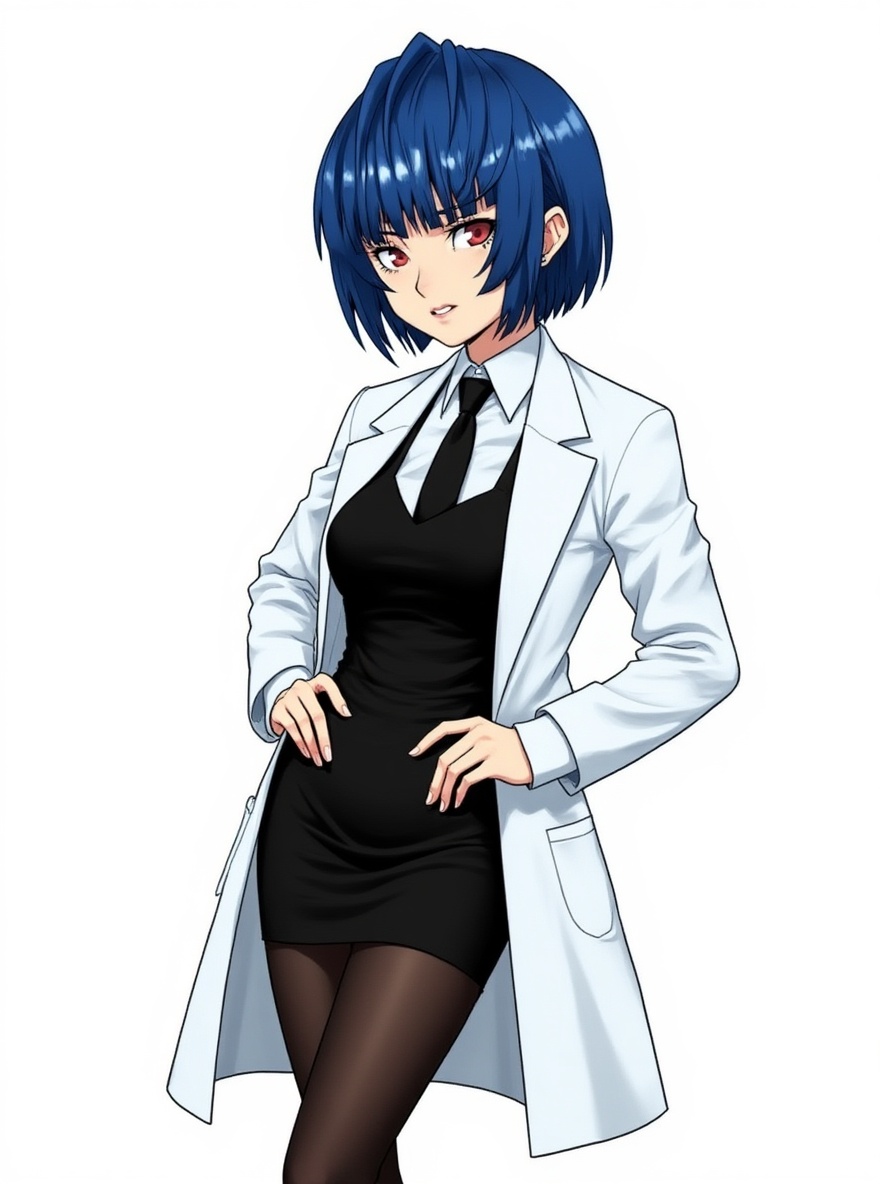 1girl, realistic, slim, short, blue hair, short messy bob cut, brown eyes, fair skin, lab coat, little black dress, ripped leggings, single character, full body, looking at viewer, simple background, white background