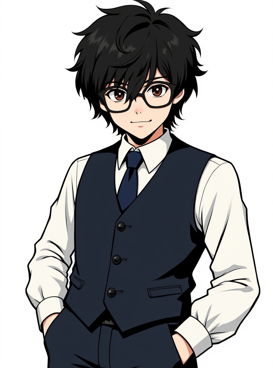 1boy, realistic, teenager, slim, tall, black hair, short hair, brown eyes, fair skin, school vest, school uniform, glasses, single character, full body, looking at viewer, simple background, white background