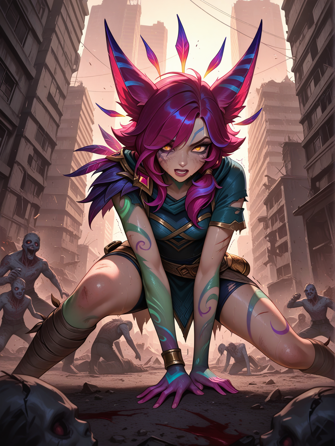 Fusión de Neeko y Xayah en un apocalipsis zombie