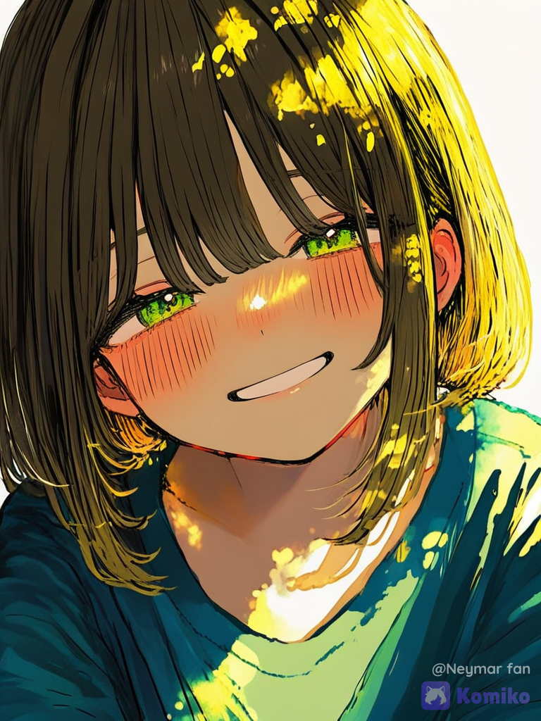 [sweet-painting-style], 1girl, brown hair, all black background, sun ilumination, yellow bright, camera slightly away, blush, green eyes, blue t-shirt, smile