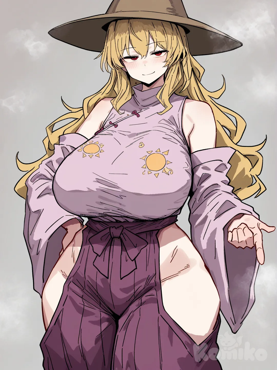 Okina Matara, Touhou project , grandes tetas , super voluptousa, gran culo , cuerpo perfecto , con su traje habitual hakama ( su ropa canon), cabello largo , touhou , Okina Matara ( Touhou ), de obra maestra , hermosa , bella , mirada al espectador, mirada directa al espectador , con su personalidad canon, [hentai-style] , touhou, matara okina