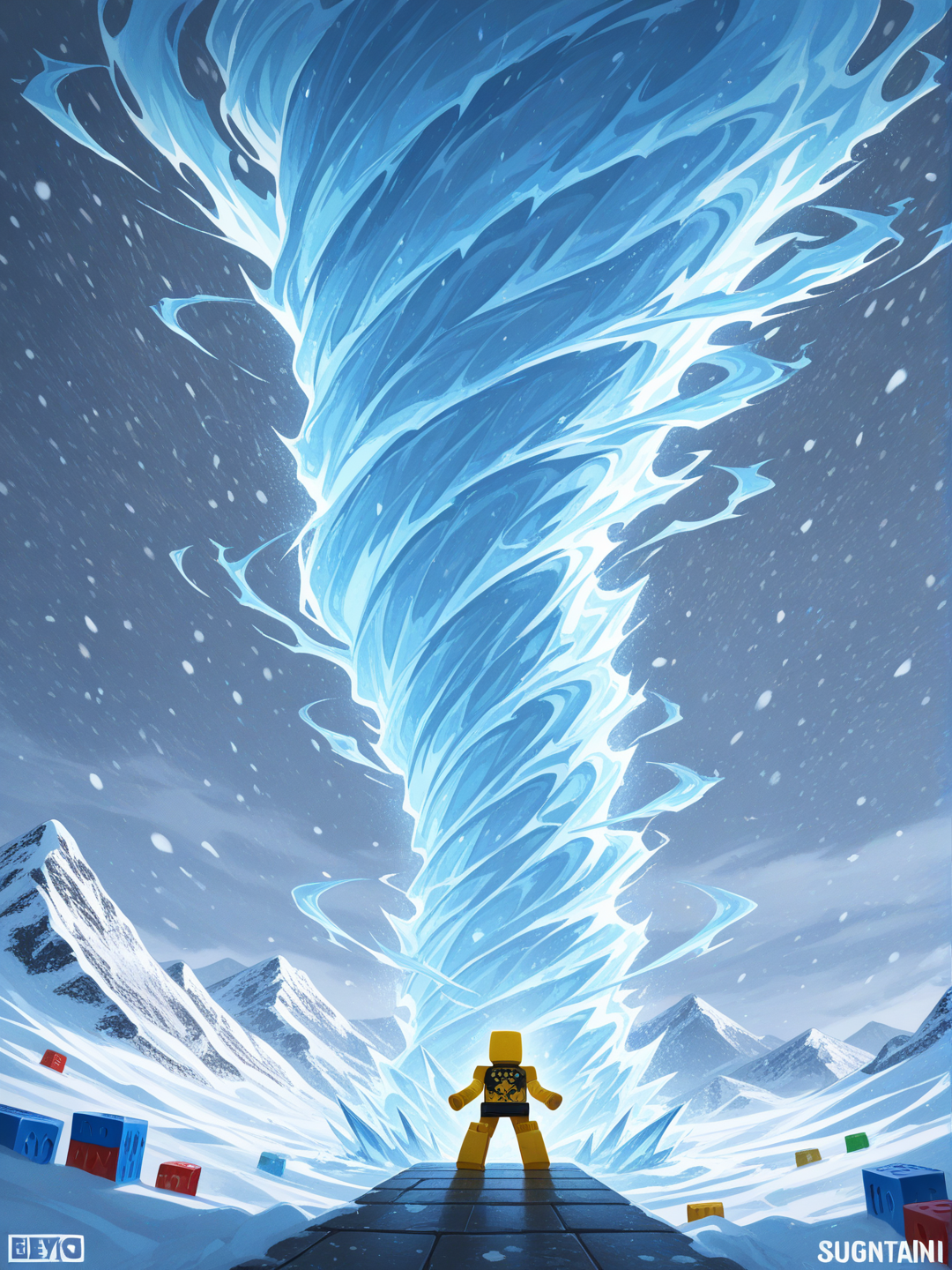 Lego Ninjago, traje de color blanco épico, posando se espalda en una montaña con un aura épico de hielo y nieve como si fuese un tornado de hielo y nieve, estilo lego