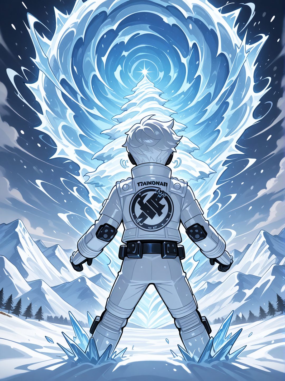 Lego Ninjago, traje de color blanco épico, posando se espalda en una montaña con un aura épico de hielo y nieve como si fuese un tornado de hielo y nieve