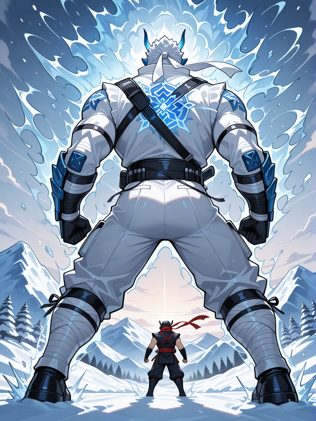 Ninja, traje de color blanco épico, posando se espalda en una montaña que desprenda un aura épico de hielo y nieve como si fuese un tornado de hielo y nieve, estilo lego