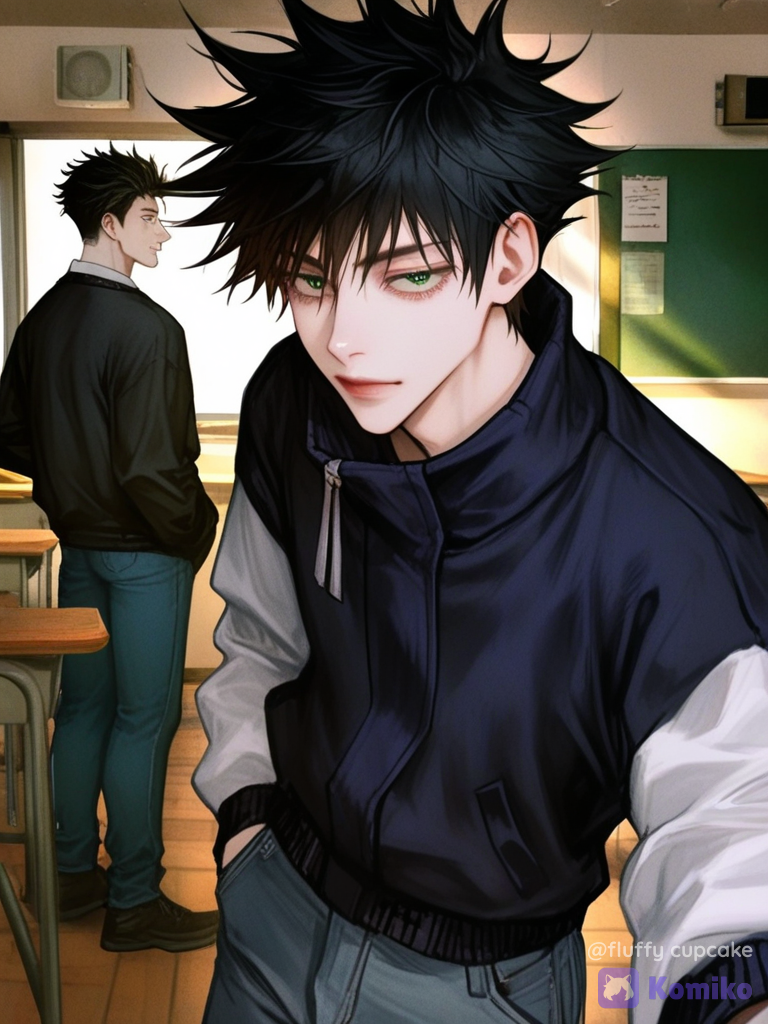 [semi-realistic-portrait-style], 2boys, selfie, varsity jacket, over-the-shoulder shot, flickering light, classroom, jeans, school uniform, bow, slicked-back hair, pixie cut, @Ryoumen_Sukuna_(Jujutsu_Kaisen), @Fushiguro_Megumi