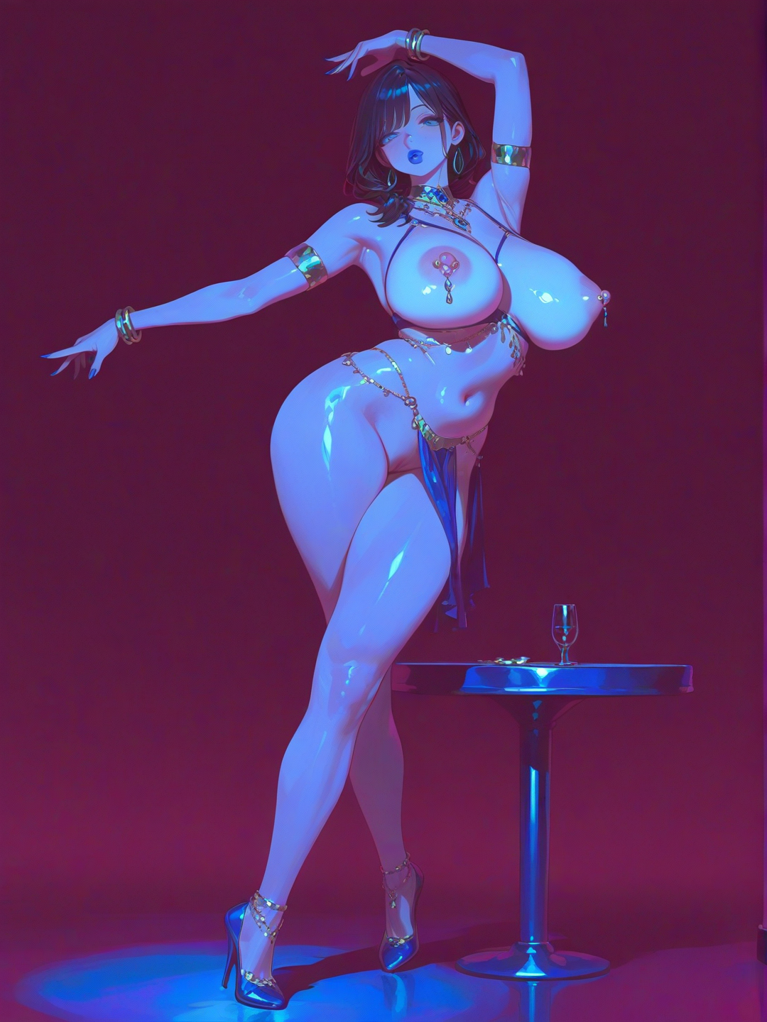 cupless Bra, standing on tablet, dancing in the night club, belly dance outfit, pezones expuestos y erectos, vagina visible, @olivier-vandeberme-Evxp, [sensual-glossy-style]