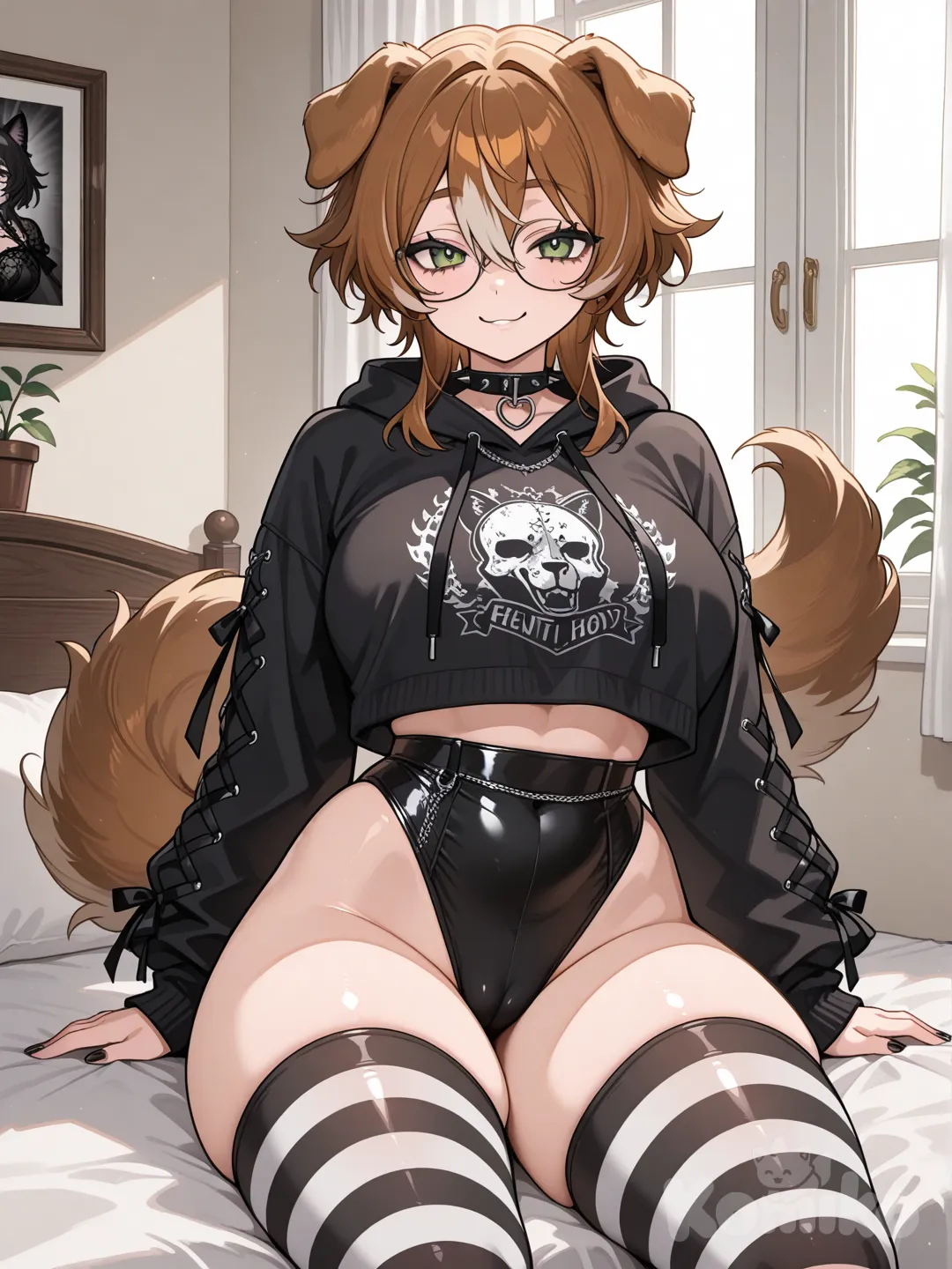 Hentai, dog boy, androgynous, cuntboy, fluffy, Norwegian Spritz, green eyes, curvy, cropped hoodie, glasses, brown hair, smile, cameltoe, goth fashion, striped thighhighs