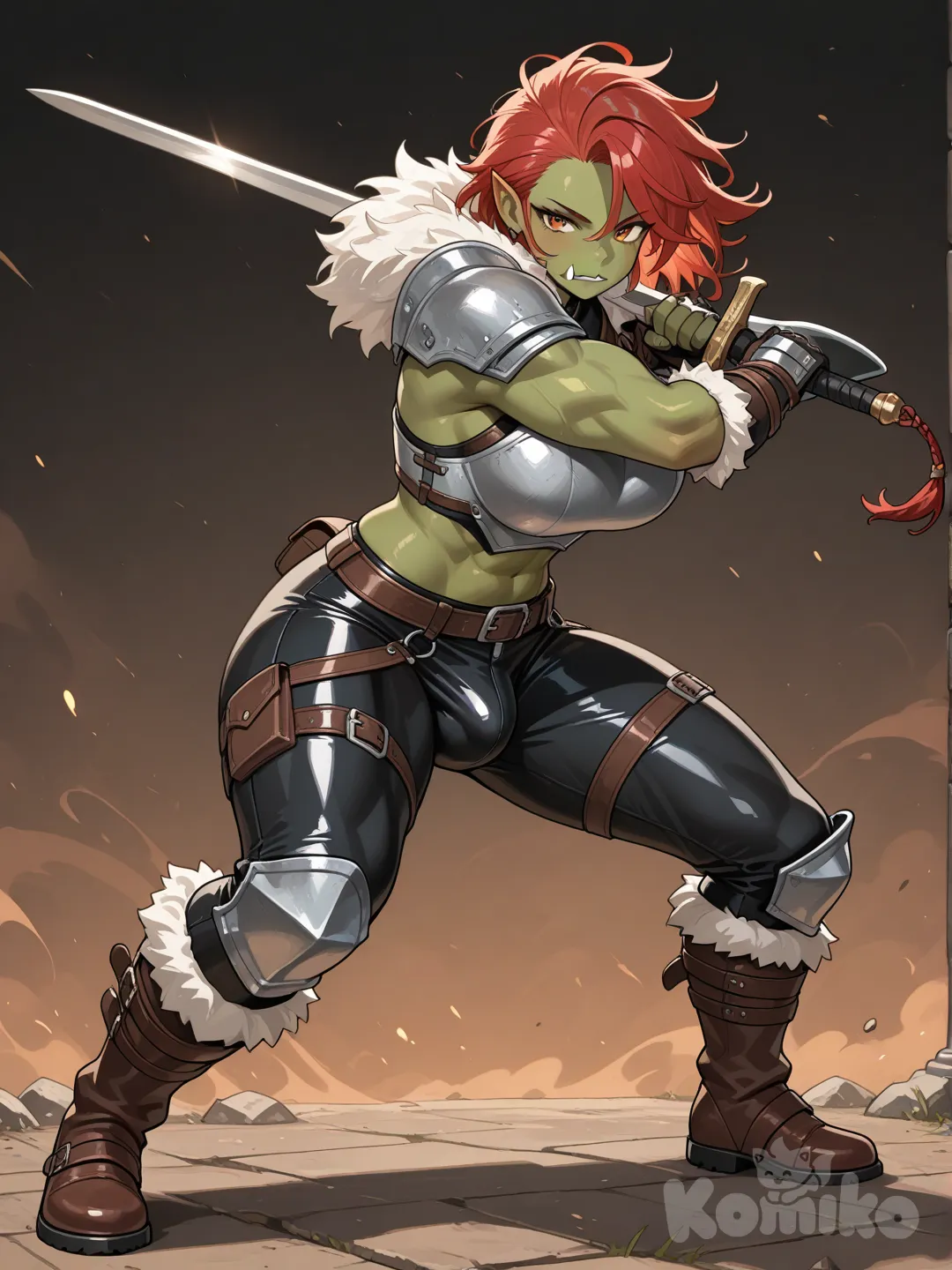 orc, futanari, fur-trimmed boots, armor, bulge, large breasts, red hair, leather pants, holding sword, fighting stance
