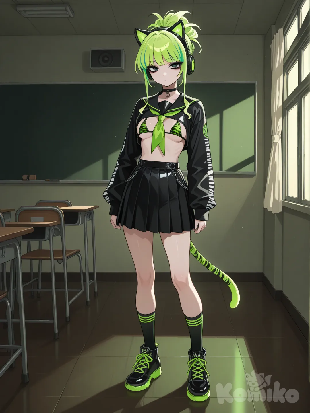 Hentai, 1girl, zebra print, headband, updo, neon green, looking at viewer, ambient light, goth, heavy metal, full body, listening to music, headphones, school, cat girl, black bikini