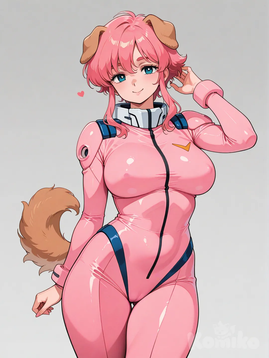 long sidelocks, dog boy, curvy, 1980s (style), large breasts, covered nipples, pink hair, normal suit (gundam), cameltoe, smile, pilot