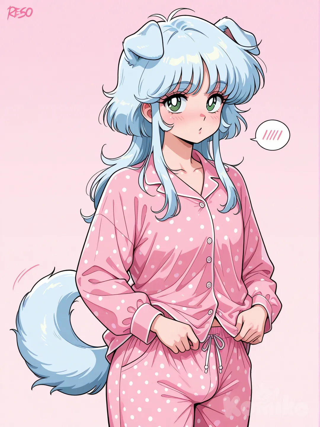 dog ears, dog tail, transgender, light blue hair, green eyes, sidelocks, polka dot pajamas, bulge, 1980s (style)