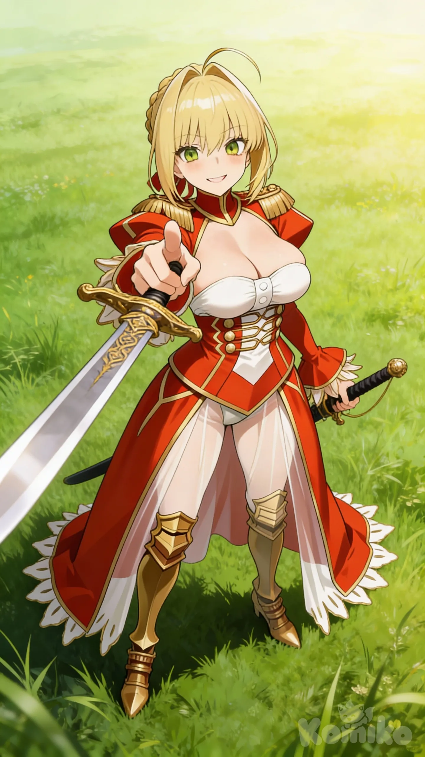 @Nero_Claudius_(Fate), holding sword, pointing at viewer, smirk, full body, ambient light, field
