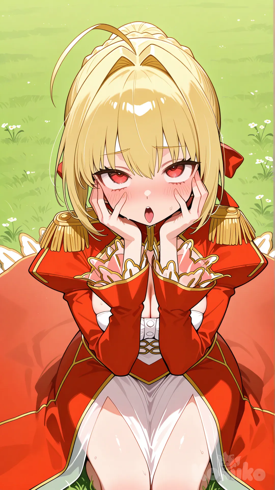 Nero Claudius (Fate), kneeling, blush, ahegao, field, hands on face, sweatdrop, clothes