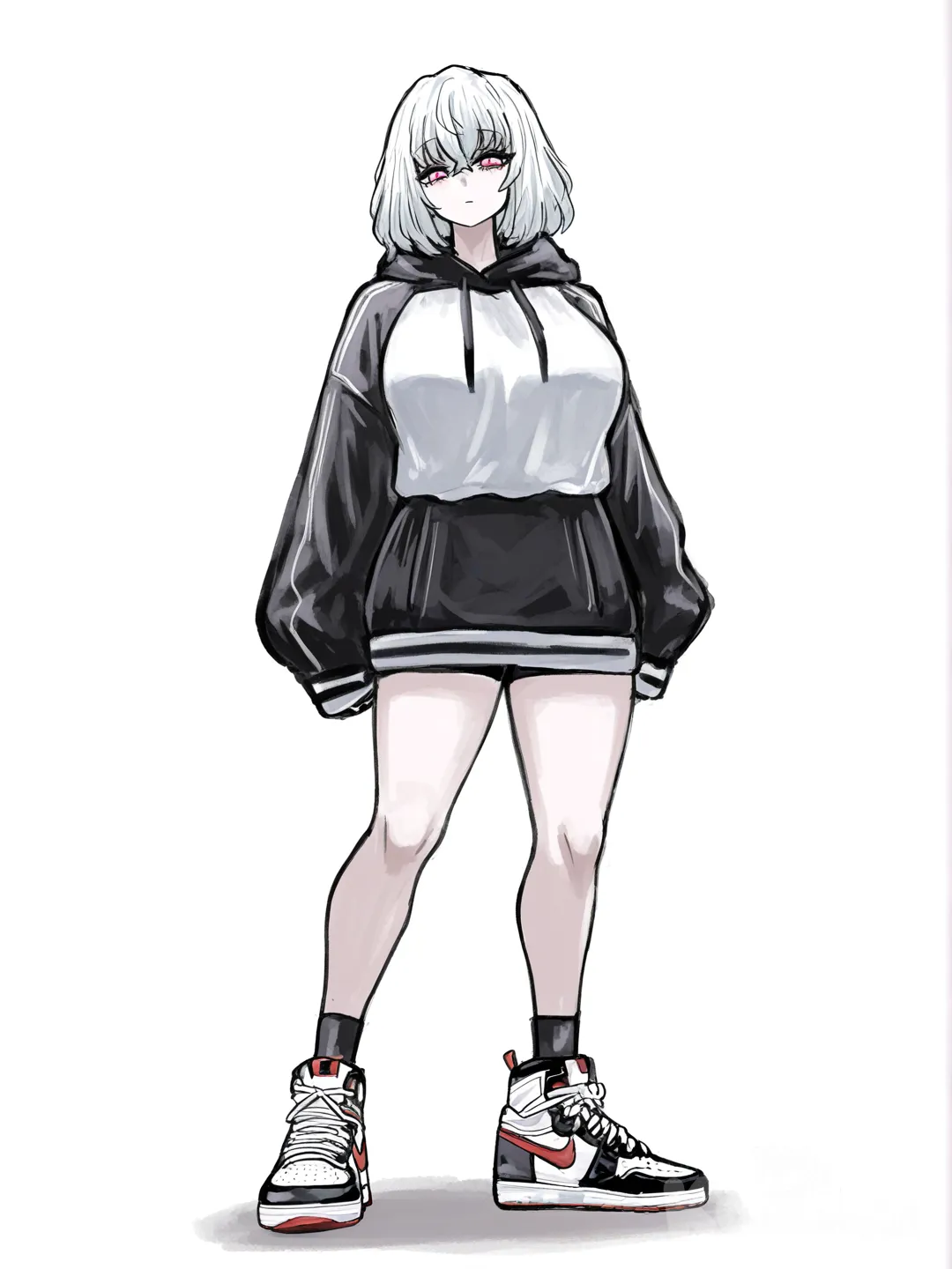 [sketchy-painterly-style] 1girl, kimetsu_no_yaiba, short, red_eyes, white_hair, pale_skin, large_breasts, cropped_hoodie, oversized_clothes, nike, sneakers, single_character, full_body, looking_at_viewer, anime_style, simple_background, white_background