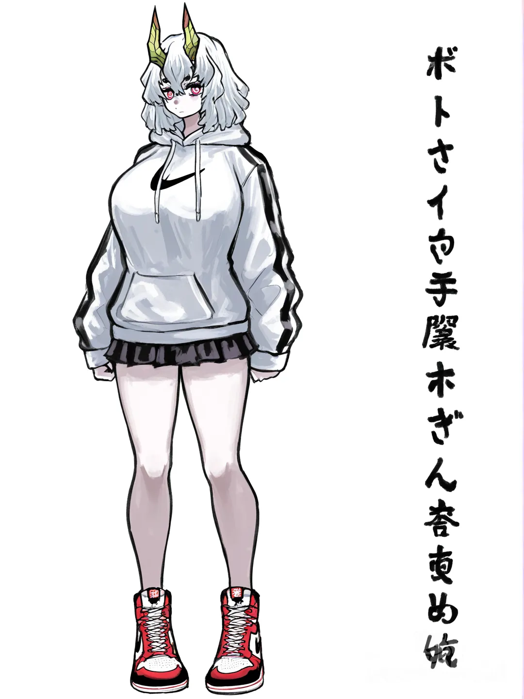 [sketchy-painterly-style] 1girl, kimetsu_no_yaiba, white_hair, horns, pale_skin, red_eyes, large_breasts, slim_legs, miniskirt, oversized_hoodie, sneakers, nike_(brand), single character, full body, looking at viewer, anime style, simple background, white background