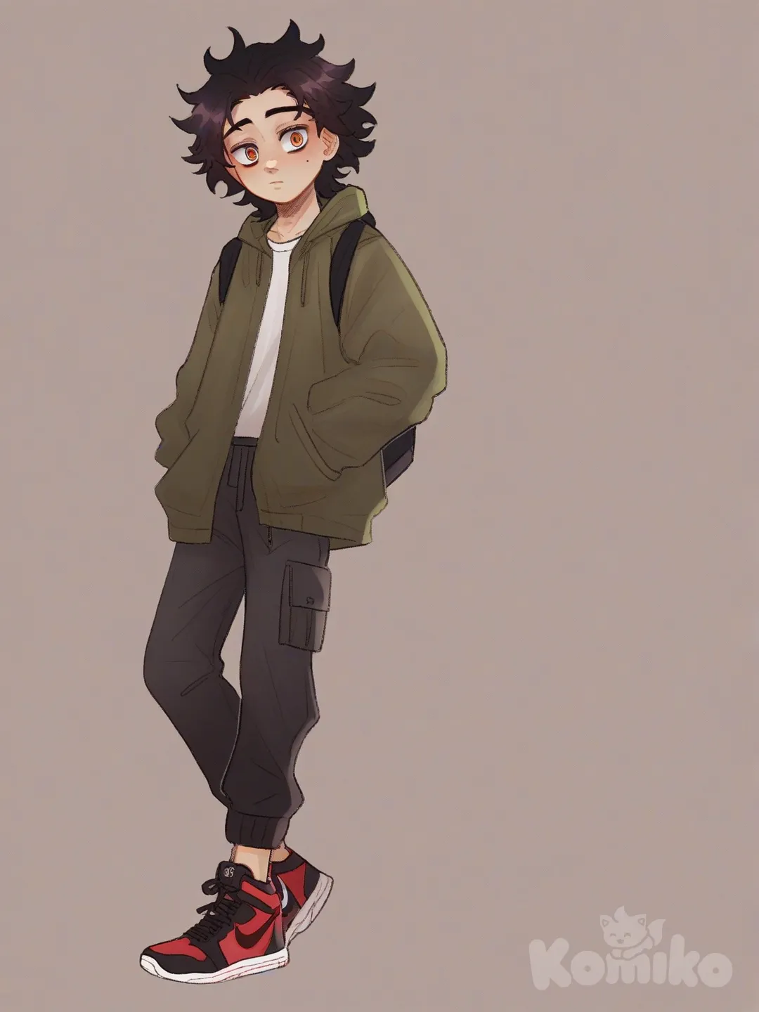 [soft-shaded-moe-style] 1boy, kimetsu_no_yaiba, isekai, white_dragon, cute, red_eyes, teenager, pants, nike sneakers, single character, full body, looking at viewer, anime style, simple background, white background