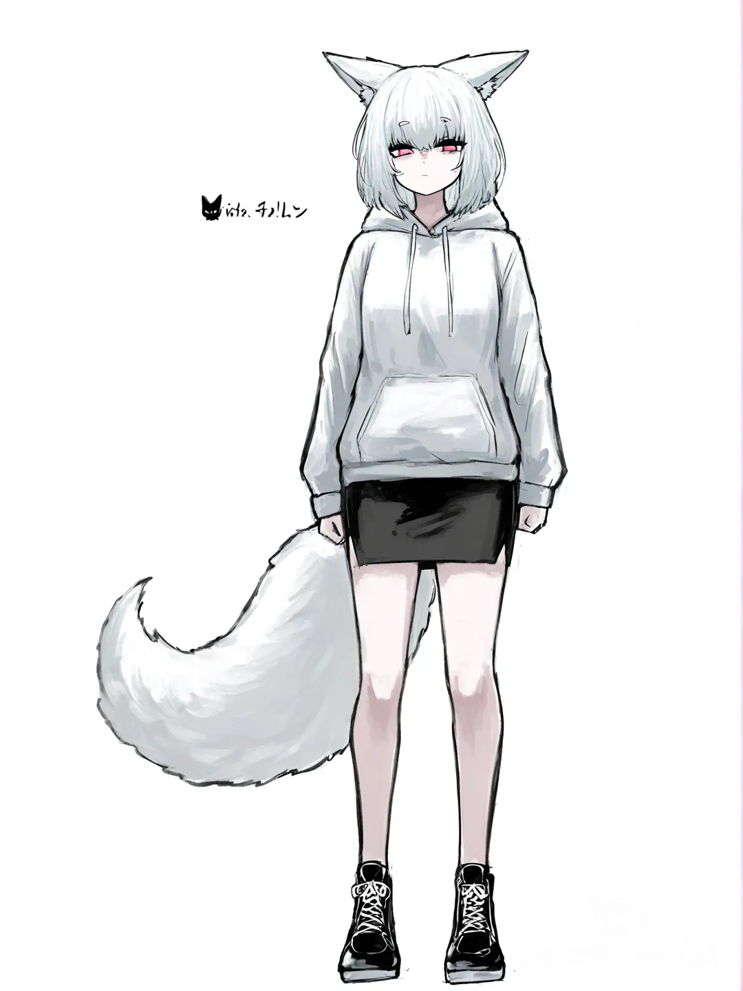 [sketchy-painterly-style] 1girl, fox_ears, fox_tail, teenager, short, white_hair, pale_skin, hoodie, pencil_skirt, single character, full body, looking at viewer, anime style, simple background, white background