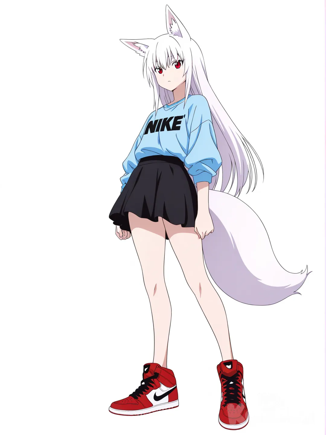 [pop-anime-style] 1girl, fox girl, albino, white hair, red eyes, long hair, straight hair, miniskirt, nike sneakers, single character, full body, looking at viewer, anime style, simple background, white background