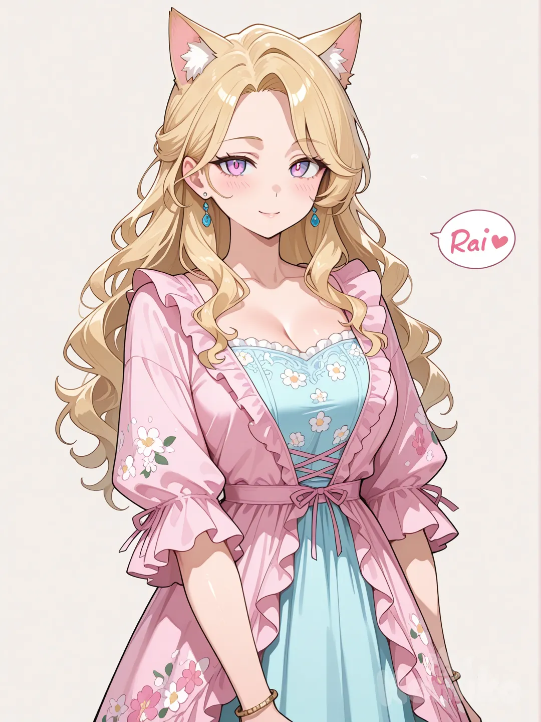 Welcome Home style (Wally darling), 1girl, mature, athletic, wavy hair, blonde hair, pink eyes with a gradient to light blue, fair skin, bracelet, cat ears, ruffles, Dress with a pink and light blue floral print (the dress should be this color, the flowers are just a little darker)