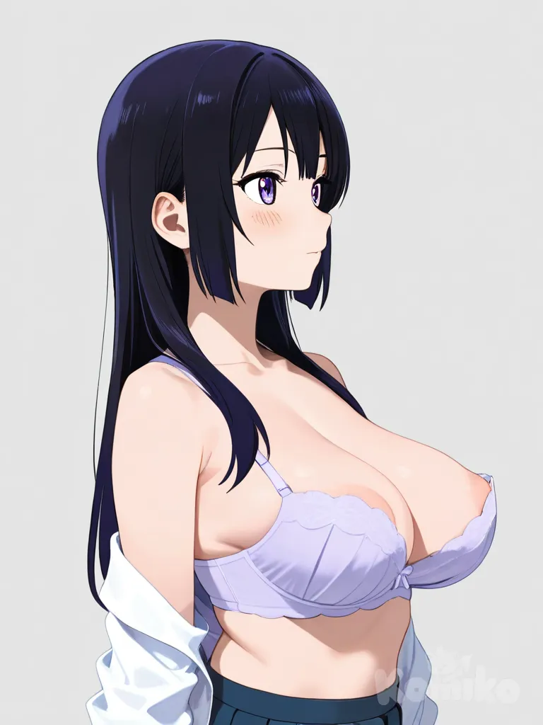 kousaka reina, school uniform, off shoulder top, large breasts, perky breasts, blush, sexy, nipple slip, light purple bra