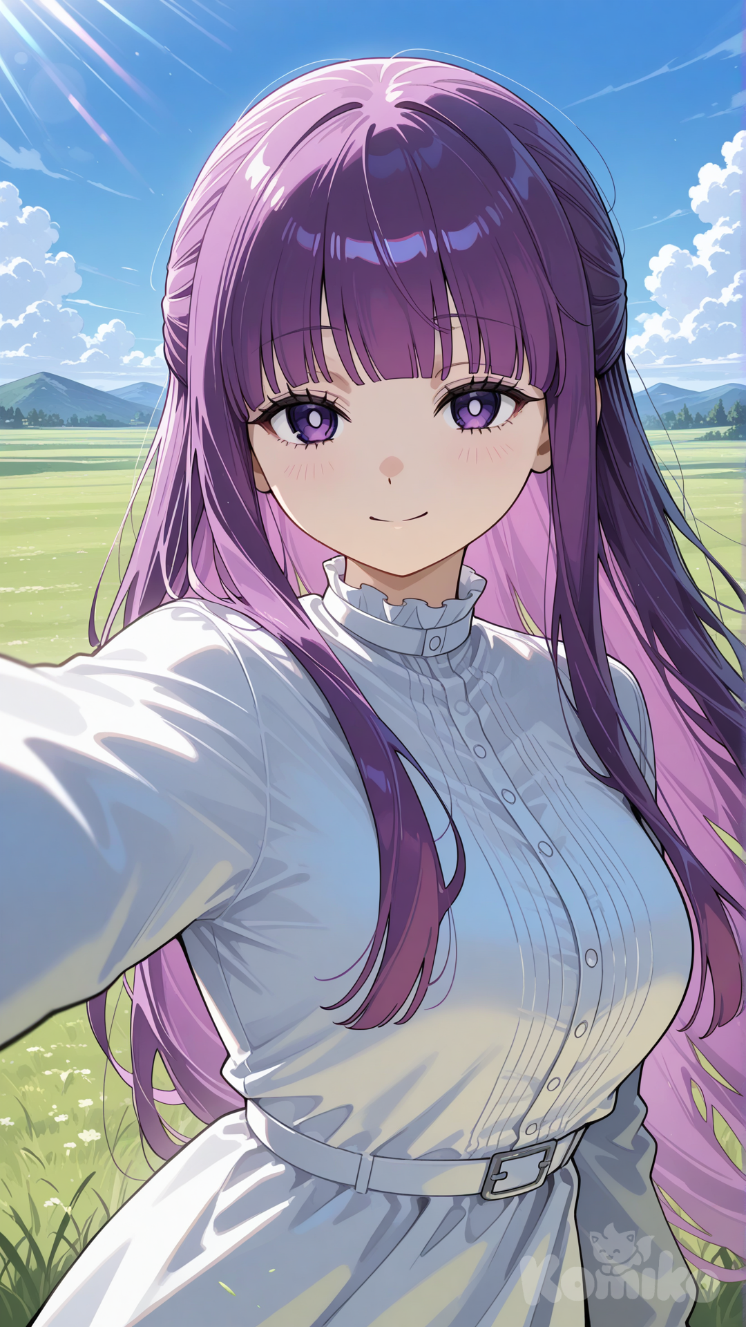 Fern_(Sousou_No_Frieren), selfie, grassland, cinematic lighting