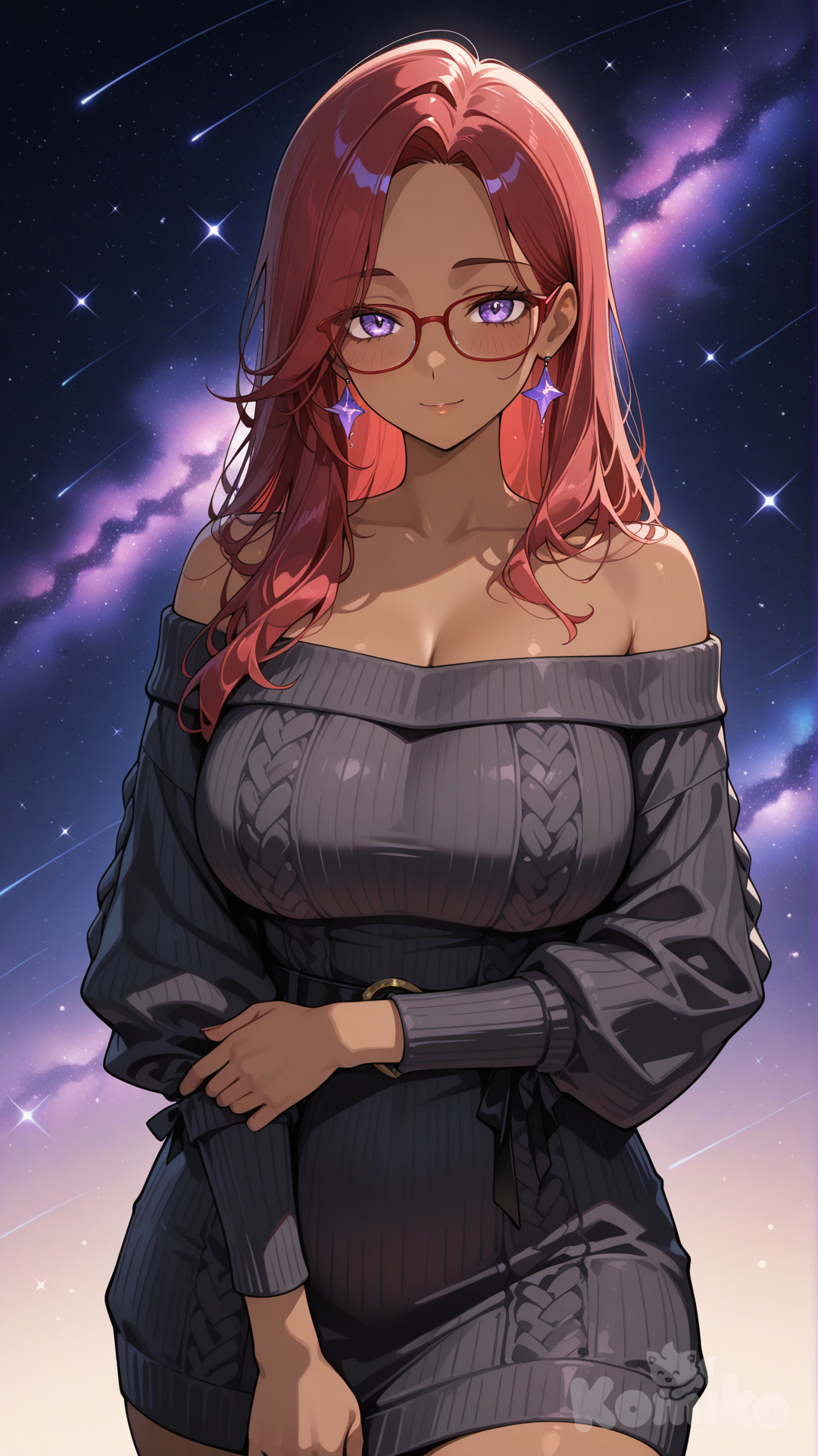 Create a beautiful woman with brown skin,long straight red hair,purple eyes,red rimmed glasses, and is wearing a shoulder black sweater dress,she is mature yet nerdy, depth of field, cosmic background, cinematic lighting