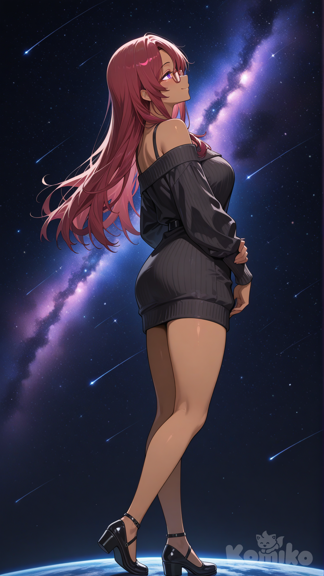 Create a beautiful woman with brown skin,long straight red hair,purple eyes,red rimmed glasses, and is wearing a shoulder black sweater dress,she is mature yet nerdy, depth of field, cosmic background, cinematic lighting, head tilt, smile, looking away, full body, side profile photo