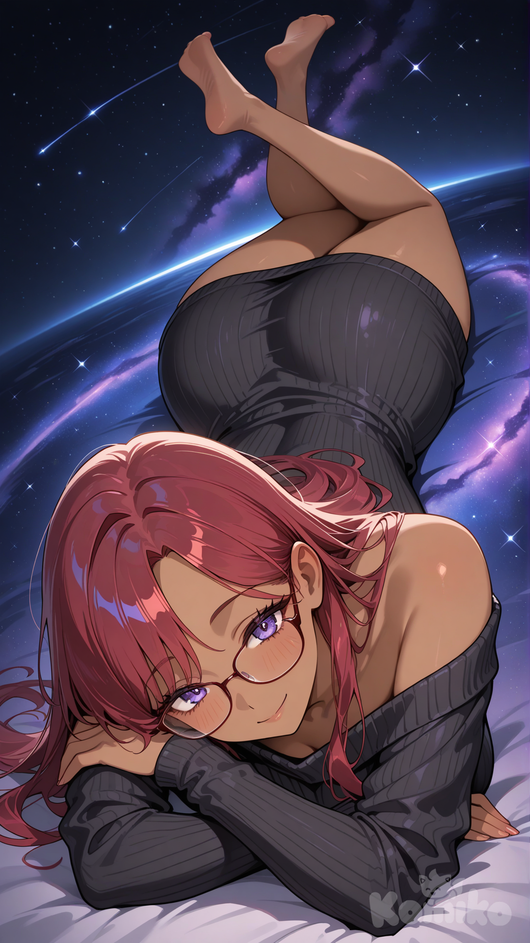 Create a beautiful woman with brown skin,long straight red hair,purple eyes,red rimmed glasses, and is wearing a shoulder black sweater dress,she is mature yet nerdy, depth of field, cosmic background, cinematic lighting, head tilt, smile, full body, from above, lie on stomache