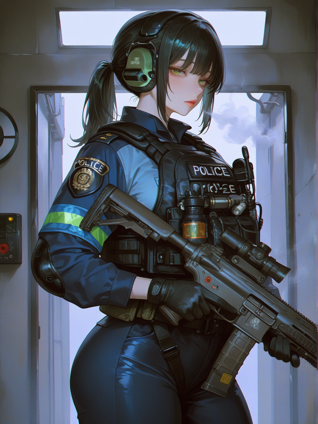 ultra police uniform, training attire, head gear, holding gun, indoor shooting range, protective gear, ear protection, target practice, eyes, face, ponytail, smoke haze, @reese-Dje3, [sensual-glossy-style]