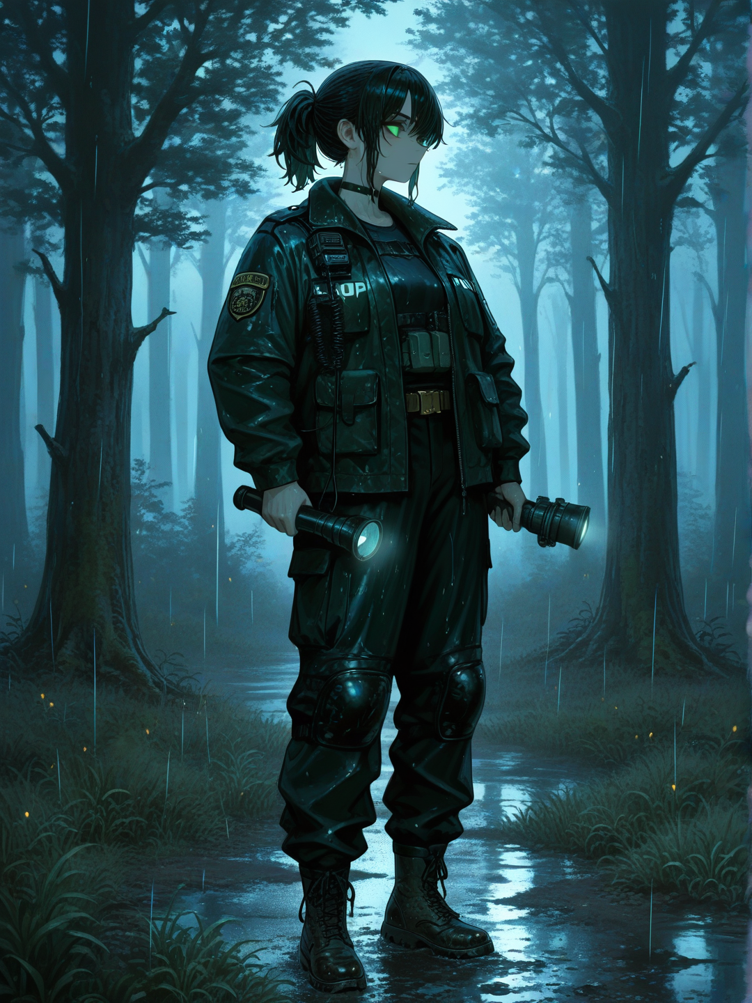@reese-Dje3, ultra full body, Reese leading a nighttime search through a misty forest, fitted black police field jacket, dark police trousers, duty belt, radio, black combat boots, black ponytail, emerald green eyes, holding a powerful flashlight in one hand, other hand pressing her radio, focused determined expression, walking through wet grass and dense trees, police search lights glowing through the fog, rescue team silhouettes in the distance, muddy trail, light rain, dramatic emerald and blue lighting, strong professional posture, face, sharp eyes, realistic wet fabric, cinematic search-and-rescue atmosphere, 8k, [sensual-glossy-style]