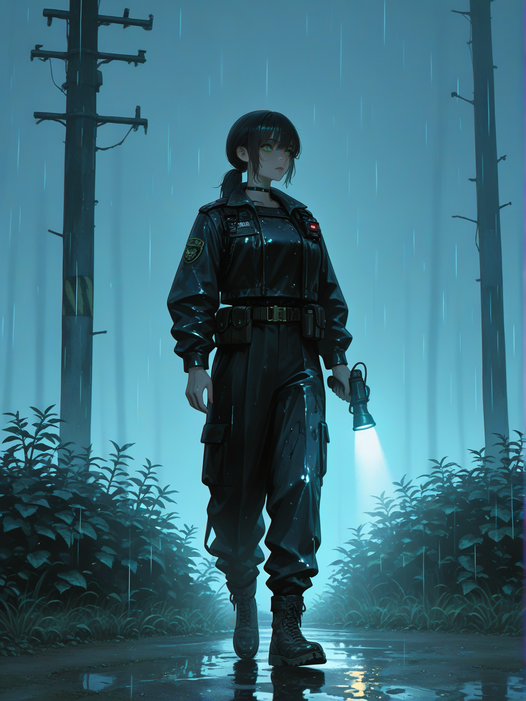 @reese-Dje3, ultra full body, Reese leading a nighttime search through a misty forest, fitted black police field jacket, dark police trousers, duty belt, radio, black combat boots, black ponytail, emerald green eyes, holding a powerful flashlight in one hand, focused determined expression, walking through wet grass and dense trees, police search lights glowing through the fog, rescue team silhouettes in the distance, muddy trail, light rain, dramatic emerald and blue lighting, strong professional posture, face, sharp eyes, realistic wet fabric, cinematic search-and-rescue atmosphere, 8k, [sensual-glossy-style]