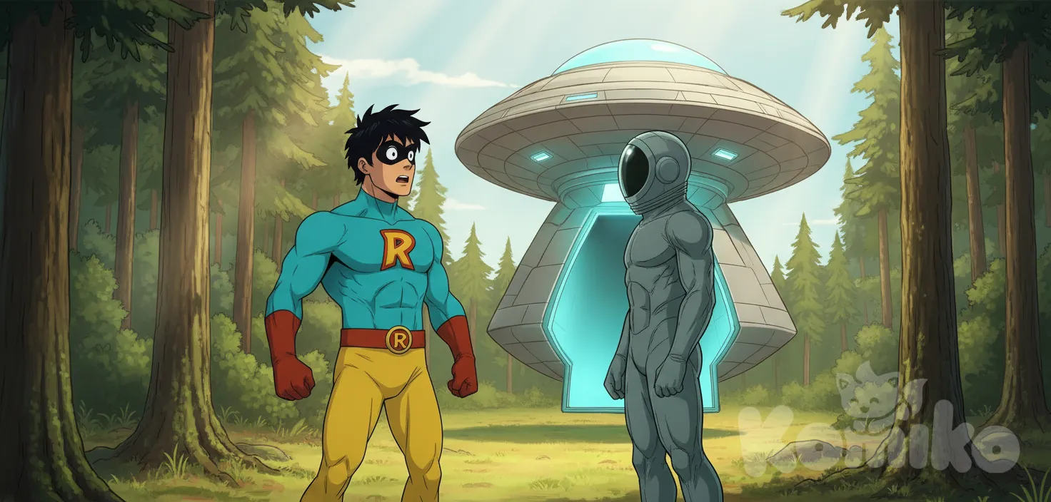 Quiero que hagas la imagen de estos dos personajes viéndose de frente, el de traje de súper héroe con una expresión de sorpresa, con la nave de fondo, haz que se vea que están en un bosque con un día soleado , anime style