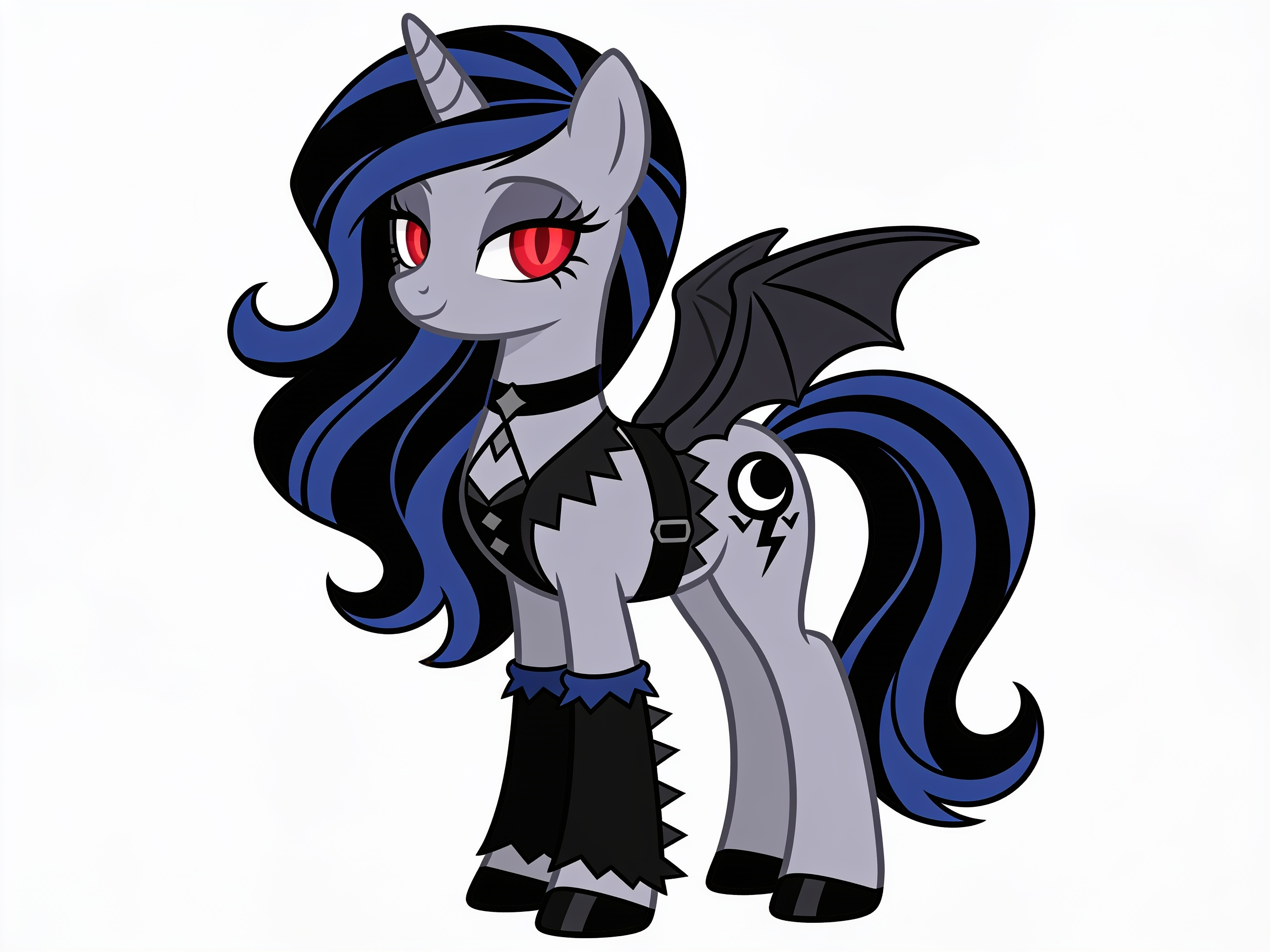 1girl, black and blue striped mane and tail, grey fur, blood red glowing eyes, moon and lightning cutie mark, my little pony gen 4 style, reference sheet, gothic style clothing, mature, slim, long wavy hair, single character, full body, looking at viewer, anime style, simple background, white background, anime style