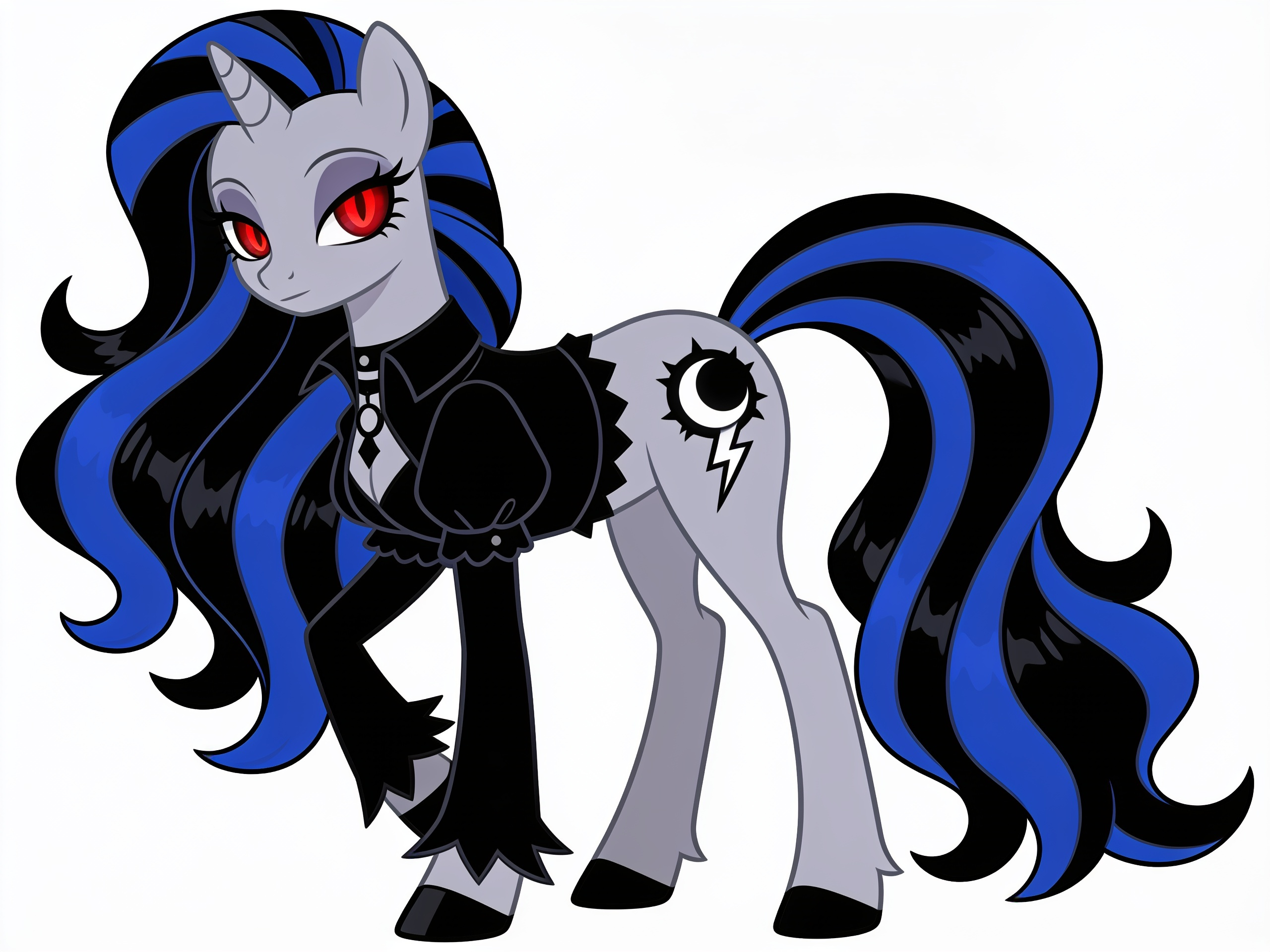 1girl, black and blue striped mane and tail, grey fur, blood red glowing eyes, moon and lightning cutie mark, my little pony gen 4 style, reference sheet, gothic style clothing, mature, slim, long wavy hair, single character, full body, looking at viewer, anime style, simple background, white background, anime style