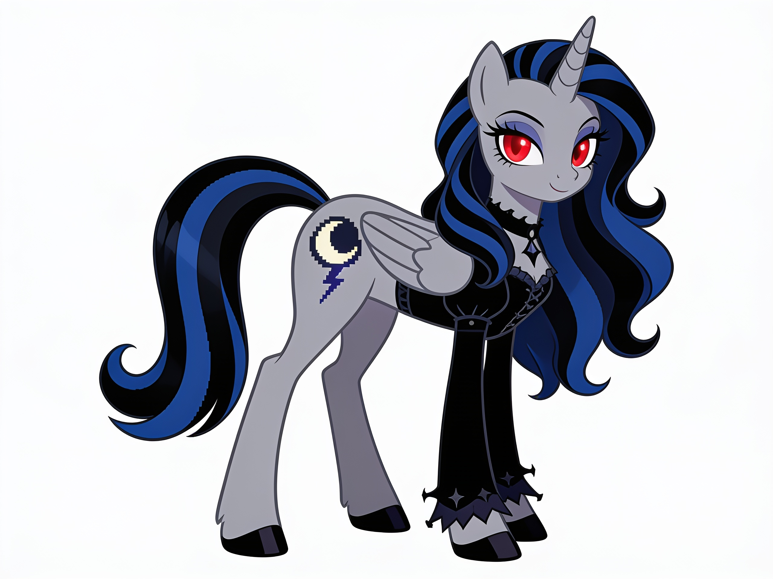 1girl, black and blue striped mane and tail, grey fur, blood red glowing eyes, moon and lightning cutie mark, my little pony gen 4 style, reference sheet, gothic style clothing, mature, slim, long wavy hair, single character, full body, looking at viewer, anime style, simple background, white background, anime style