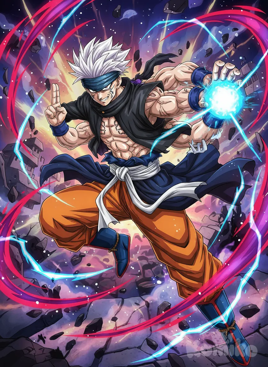 @Gojou_Satoru fused with @Ryoumen_Sukuna_(Jujutsu_Kaisen) and @, @Son_Goku make it look good, battle tendency