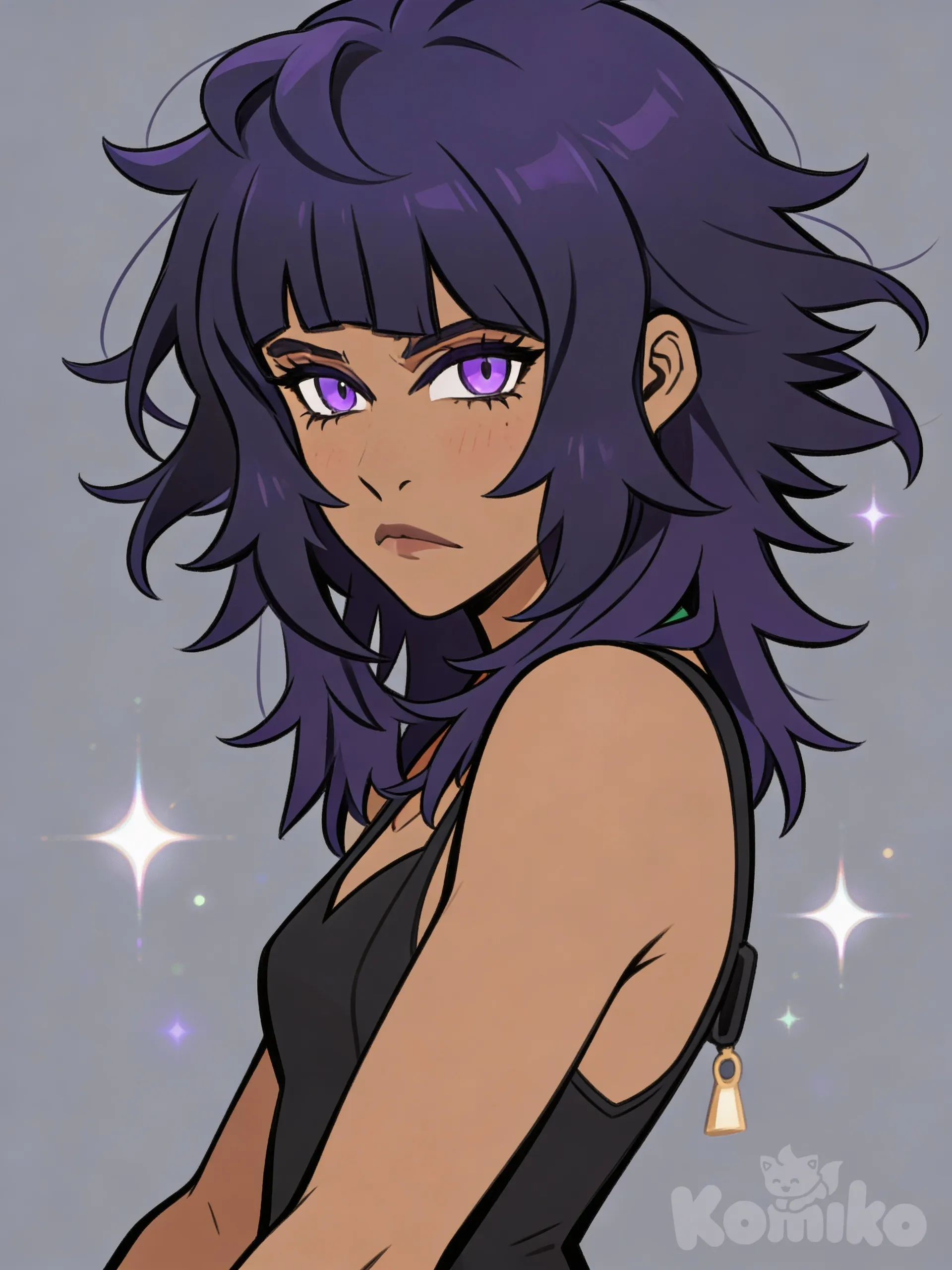 purple hair, messy hair, serious, cute, pretty, slim, purple eyes, tan skin, dynamic pose, light blush, simple background, vibrant colors, pose, half body, sparkle background, expressive
