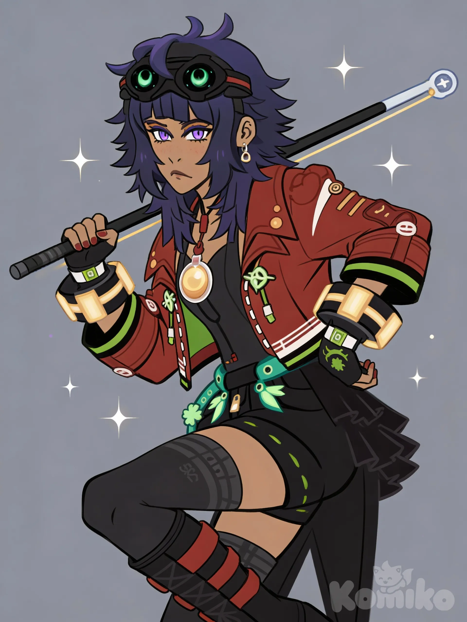 purple hair, messy hair, serious, cute, pretty, slim, purple eyes, tan skin, dynamic pose, light blush, simple background, vibrant colors, pose, half body, sparkle background, expressive