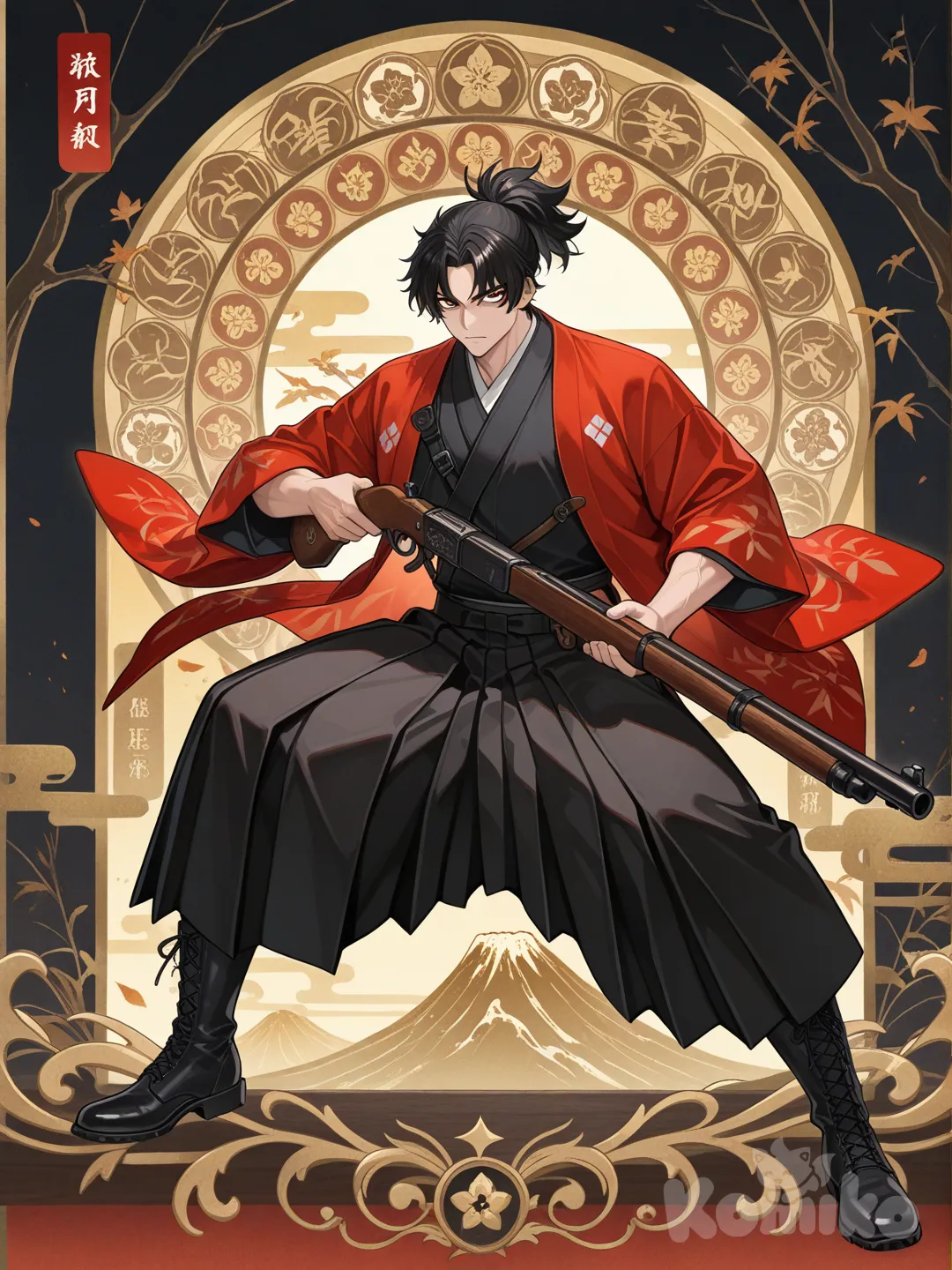1boy, lever-action gun, Winchester repeating rifle, short ponytail, full body, sharp eyes, Red Haori, Black Kimono, Black Hakama, military boots, tall, muscular
