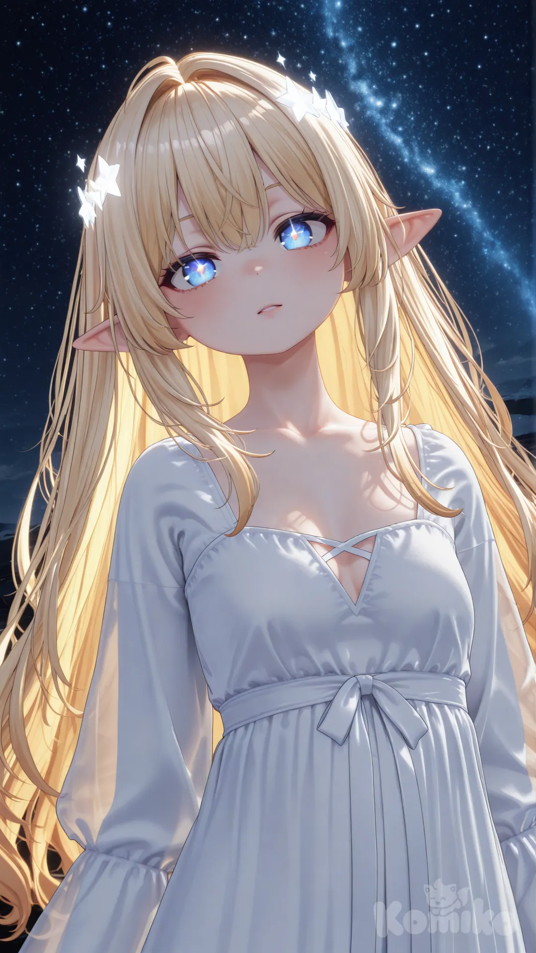 A majestic Caucasian elf, aged between 20 and 25, embodies grace and beauty. Her long, blonde hair, reaching her waist, radiates an ethereal luminosity, as if internally illuminated. Her expressive, deep blue eyes capture the essence of wisdom and serenity. She wears a simple yet stunning white dress of light fabric that flows delicately in the wind. In the background, a spectacular starry sky creates a magical contrast, with myriads of stars shining intensely. The soft light bathes the scene, highlighting the subtle nuances of the dress and the elf's natural beauty. The composition, in 9:16 portrait format, focuses on the elf's figure, creating an atmosphere of dream and fantasy. The pose is elegant, with a slight tilt of the head and a captivating gaze, evoking a sense of mystery and enchantment. Style: Fantastic Realism, with touches of Renaissance., [3d-anime-style]