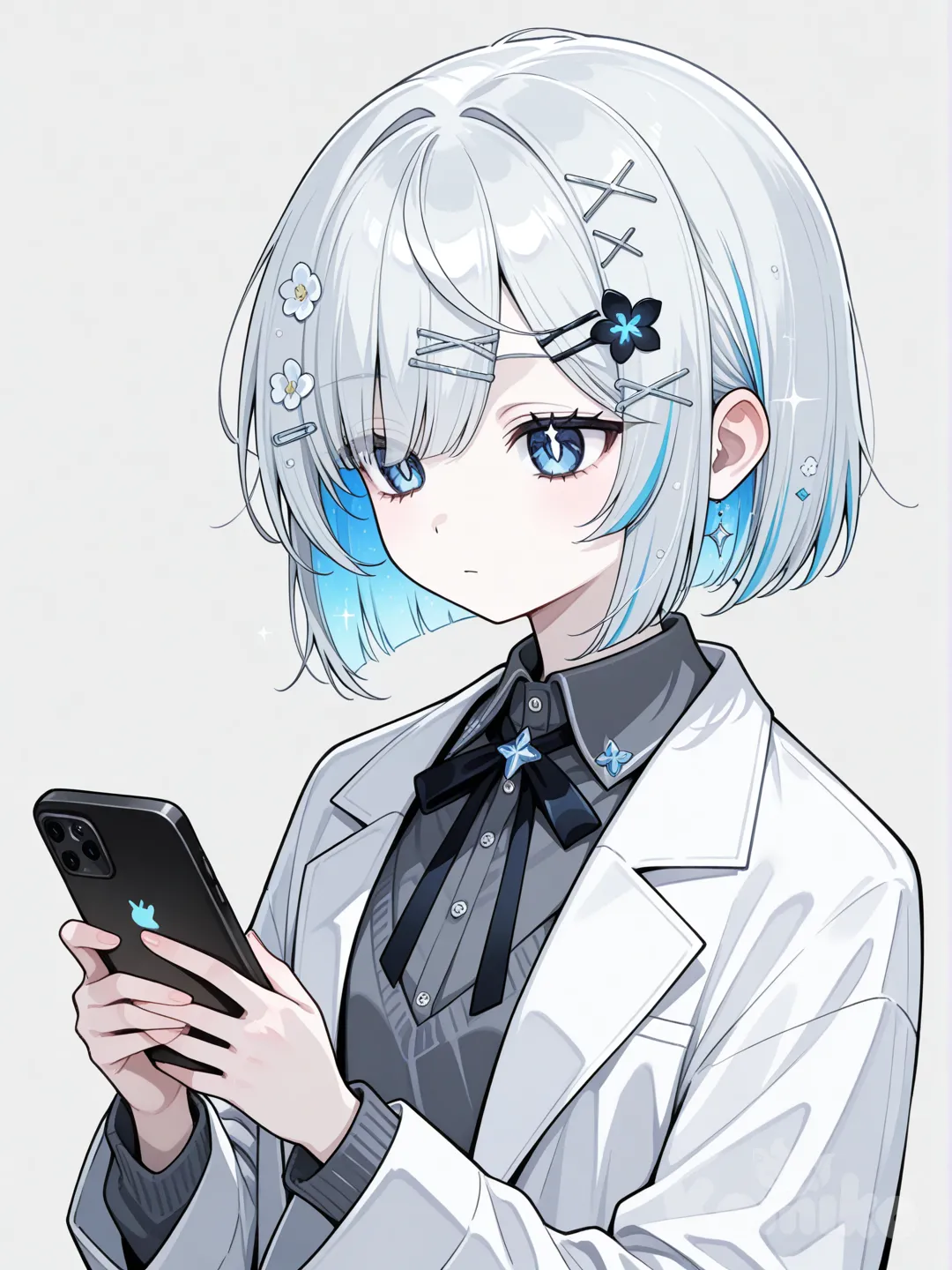 1girl, teenager, sparkling blue eyes, fair skin, black white cute hairpin, floral hair accessory, anime coloring,hair Smoky Blue-Grey,Đây là kiểu tóc bob ngắn, độ dài khoảng ngang cằm đến chấm vai, tóc được cắt thẳng kết hợp tỉa nhẹ để ôm sát khuôn mặt. Phần mái dài che gần hết trán, hơi lệch sang một bên, tạo cảm giác kín đáo và trầm. Tóc suôn mượt, không uốn xoăn, các lọn rơi tự nhiên xuống hai bên má làm gương mặt trông nhỏ và mềm hơn. Tổng thể kiểu tóc mang nét lạnh lùng, ít biểu cảm nhưng tinh tế, thường thấy ở các nhân vật anime có tính cách điềm tĩnh hoặc tsundere, kẹp tóc hình tam giác,1 phụ kiện bông hoa trên tóc , lab coat, school expressionless, looking at phone, kẹp tóc X ở mãi tóc