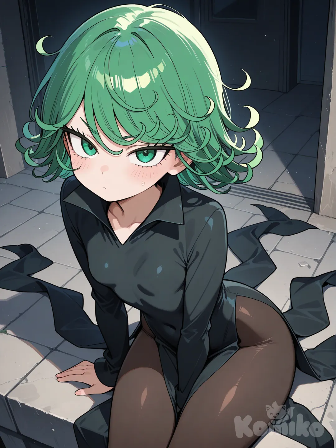Agachada postura de a cuatro cuerpo completo hacia atras , tipo perrito pantyhose desnuda, tatsumaki