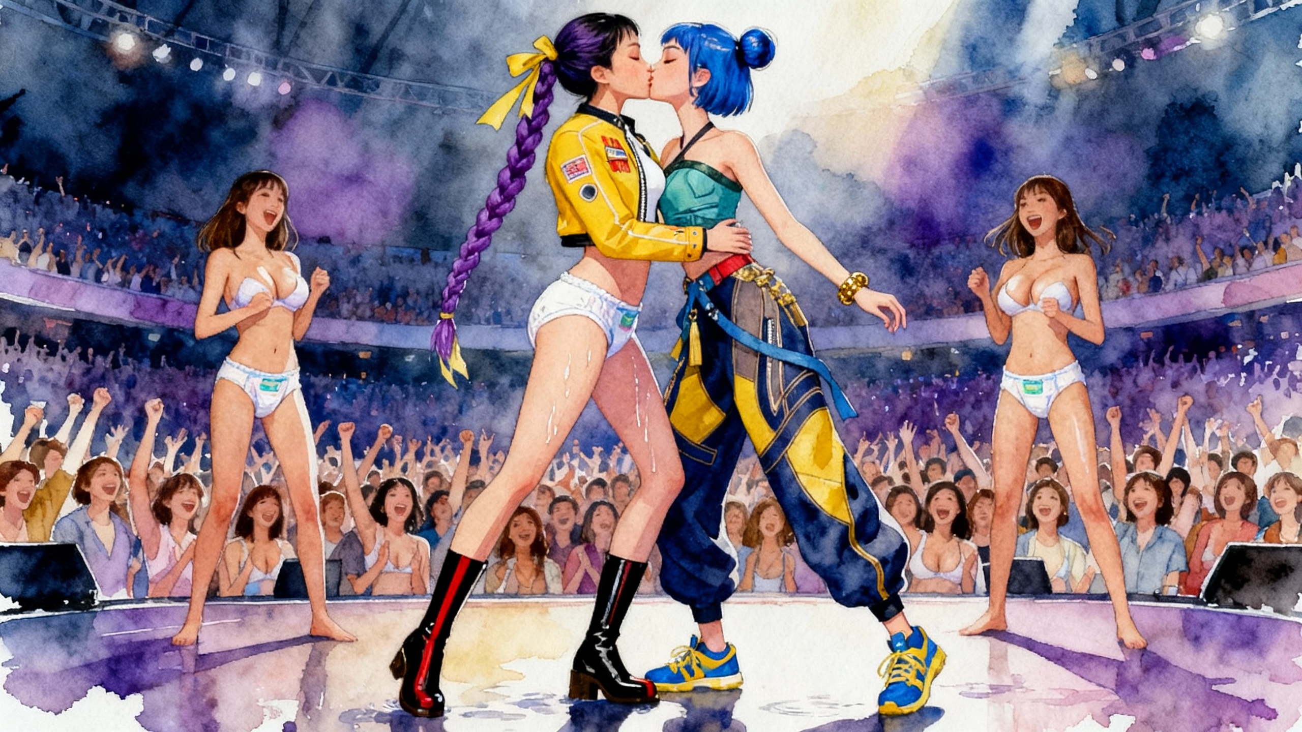 @Rumi wearing diaper, dancing with , @Zoey , french kiss, 2girls, large breasts, diaper, slim, on a big stage , with large crowd of people, wet diaper, [watercolor-illustration-style]