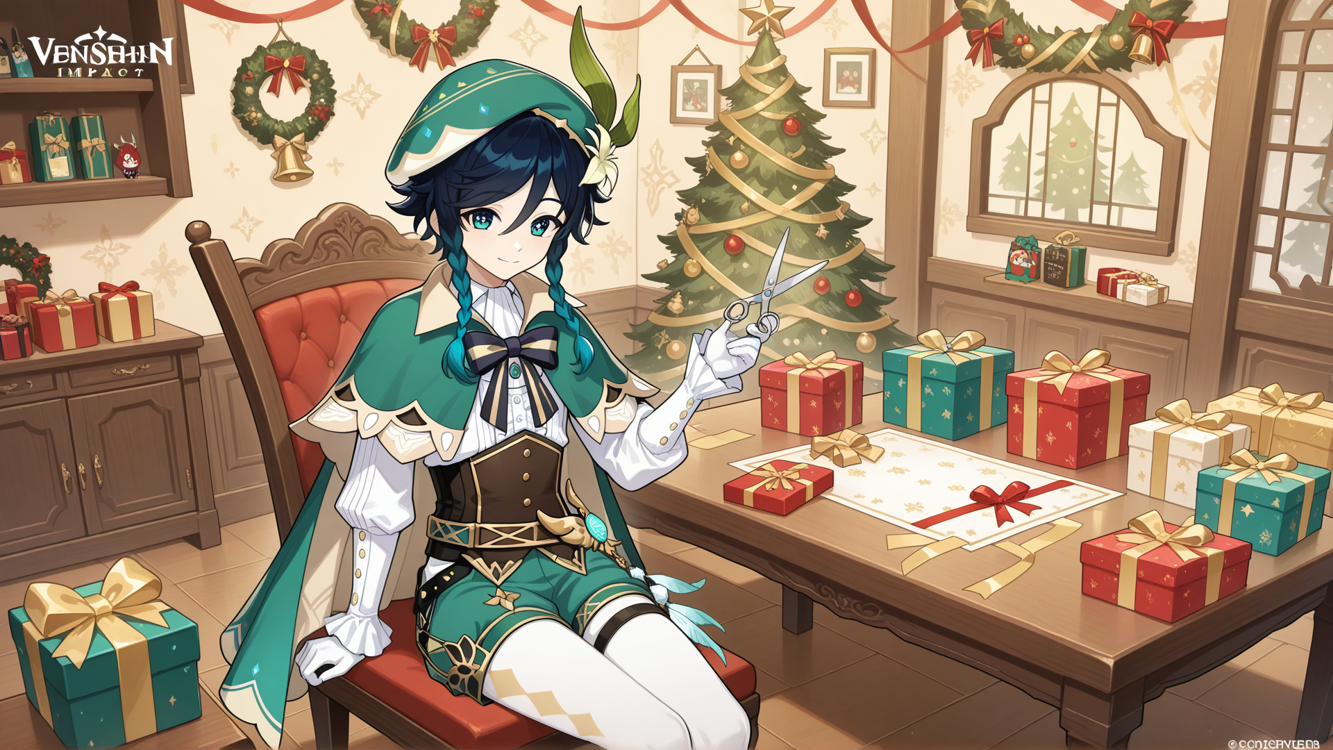 @Venti_(Genshin_Impact) wrapping gifts for Christmas