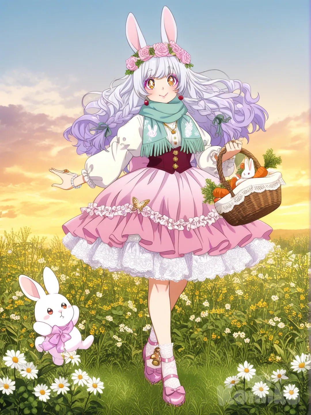 ultra high resolution, 8k,A hyper-photorealistic 16-year-old cute girl with delicate facial features, soft porcelain skin with a faint peach blush on cheeks and nose tip, large sparkling amber eyes framed by thick fluttery dark lashes and subtle pink eyeshadow, a small upturned nose with a tiny mole at the base, and plump glossy cherry-pink lips curved into a gentle, shy smile showing two faint dimples. Her hair is long wavy honey-blonde cascading down to her waist, adorned with a intricate silver hair chain woven through the strands, dotted with tiny pastel-blue sapphires and pearl beads, plus a pair of handcrafted floral hairpins—one with a blooming white cherry blossom and the other with a soft pink peony, both accented with tiny green crystal leaves and delicate gold wiring. She wears a frilled lace headband in ivory with delicate embroidery of tiny daisies and lavender, and a few loose curls frame her face, with a small braid on each side secured with tiny silk ribbons in mint green and baby pink.
 
Her outfit is a whimsical vintage-style dress: a fitted bodice made of soft lavender tulle layered over satin, adorned with hand-sewn pearl clusters, tiny crystal sequins, and delicate lace appliqués of butterflies and roses, with puffed short sleeves trimmed with ruffled organza and tiny pom-poms in pastel yellow. The skirt is a voluminous tiered design with layers of sheer tulle in soft pink, lavender, and mint green, each layer edged with scalloped lace and dotted with small fabric flowers (white daisies, pink carnations, lavender blooms) and tiny bell-shaped charms that jingle softly. She wears a cropped ivory cardigan with puffed sleeves, trimmed with delicate crochet lace and a small bow at the collar, and a satin ribbon belt in baby pink tied around her waist with a large, fluffy bow at the back, adorned with a small silver locket shaped like a heart.
 
Her accessories are intricate and charming: delicate silver earrings shaped like tiny cherry blossoms with pink gemstone centers, a thin silver necklace with a pendant of a tiny hand-painted porcelain rabbit holding a carrot, a stack of three thin bracelets—one silver with tiny pearl beads, one pastel-pink enamel with floral engravings, and one braided silk cord with small wooden beads and a tiny crystal star. On her fingers, she wears two dainty rings: one with a small oval-cut aquamarine and the other with a tiny rose-gold flower with a minuscule ruby center. Her ankles are adorned with thin silver chains with tiny bell charms, and she wears white lace ankle socks with scalloped edges and Mary Jane shoes in soft pink leather, decorated with pearl buttons and tiny bows.
 
She holds a small vintage-style wicker basket lined with pastel-pink satin, filled with a few fresh wildflowers (daisies, clover, lavender) and a tiny stuffed white rabbit plushie with pink ears. Around her shoulders, there’s a sheer chiffon scarf in mint green with subtle watercolor prints of rabbits and flowers, flowing gently in the breeze. The background is a sunlit meadow with soft green grass, dotted with wildflowers and buttercups, with a distant backdrop of a pastel-colored cottage and a clear blue sky with fluffy white clouds. Soft golden hour lighting, warm and gentle, casting a soft glow on her hair and skin, creating subtle shadows and highlighting the intricate details of her accessories and outfit. Ultra-textures: the softness of tulle, the shine of satin, the delicacy of lace, the sparkle of crystals and pearls, the fluffiness of her hair, and the smoothness of her skin. 8K resolution, photorealistic rendering, cinematic composition, soft focus on the subject, vibrant yet dreamy color palette, whimsical and magical atmosphere, [pop-anime-style], vibrant color, anime coloring, kawaii