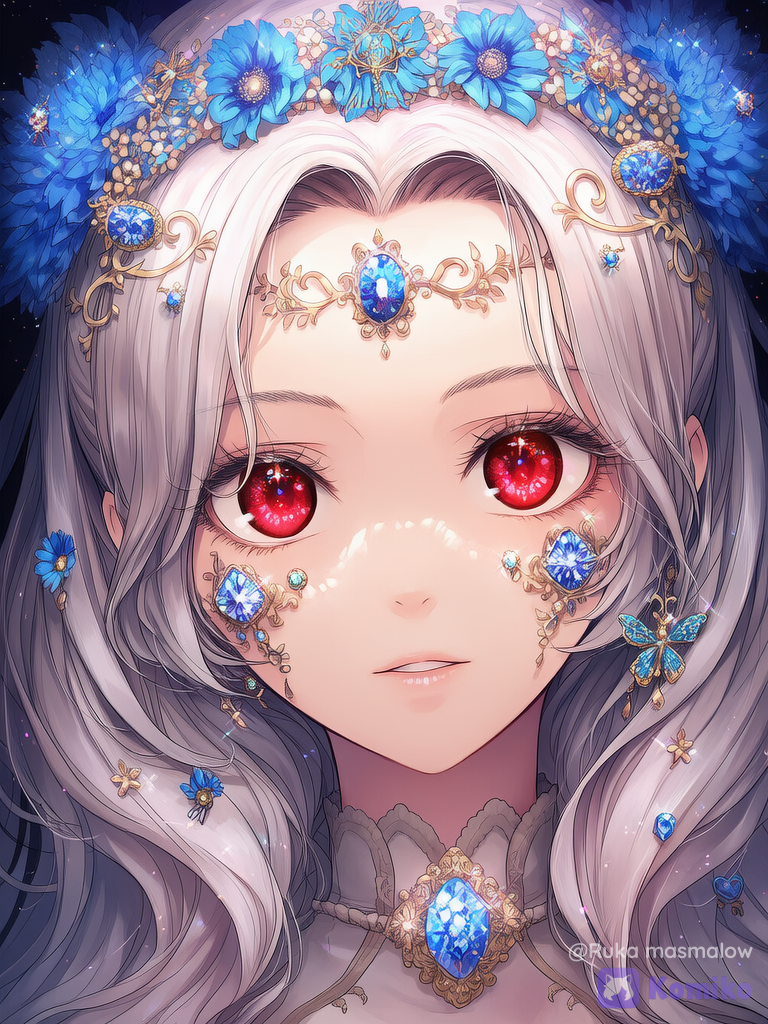 A highly cinematic close-up of a beautiful anime girl with long flowing silver-white hair and striking crimson red eyes with intricate glowing details.
She has elegant decorations on her face: small blue flowers and sparkling diamonds on her cheekbones and the outer corners of both eyes. A delicate small butterfly ornament is attached near the outer tail of her left eye. Tiny flowers and shimmering gemstones adorn the area around her nose, creating a luxurious sparkling effect. she wears a beautiful floral wreath (flower crown) made of blue and white flowers in her hair. Long lashes, flawless glossy skin, soft dreamy lighting with beautiful highlights and sparkles. Ethereal and elegant atmosphere.
Style: ultra-anime illustration, sensual-glossy style, vibrant colors, intricate facial decorations, cinematic lighting, fantasy elegance.