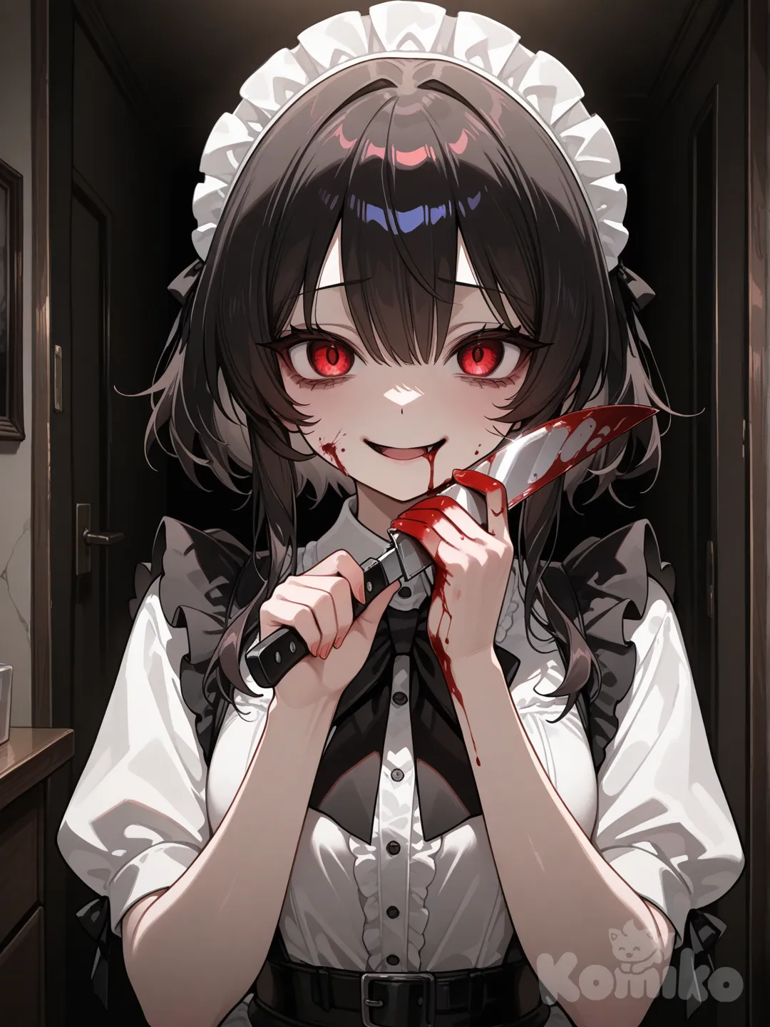 1girl, solo, blood on hands, killer, blood on knife, knife, holding knife