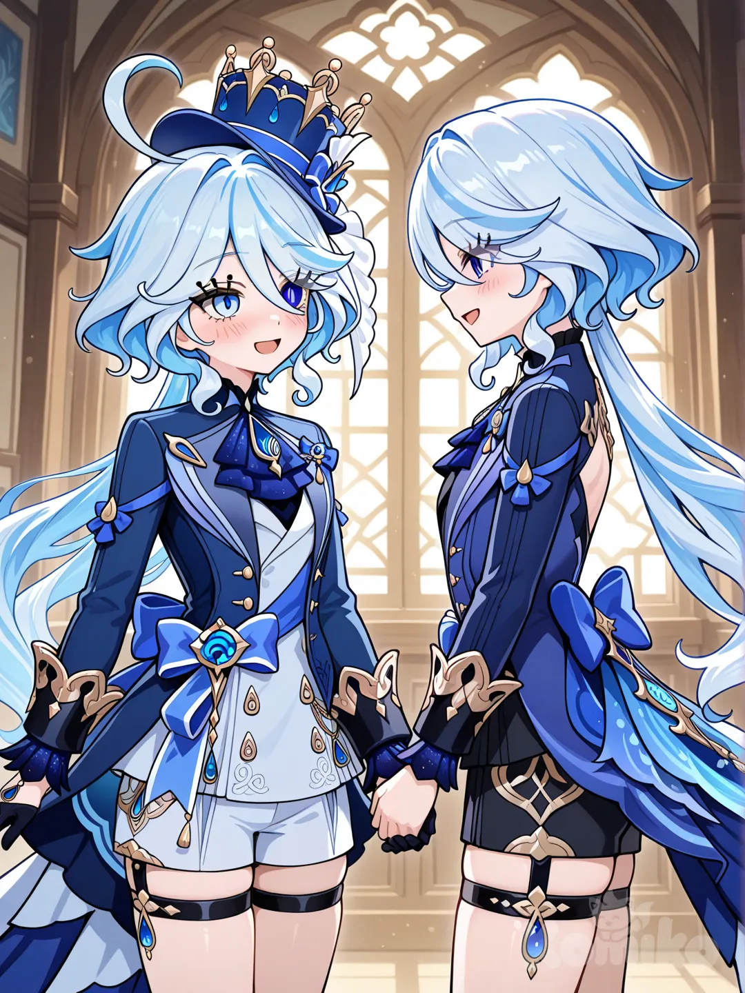 2girls, @Furina_(Genshin_Impact) smiling and holding hands together